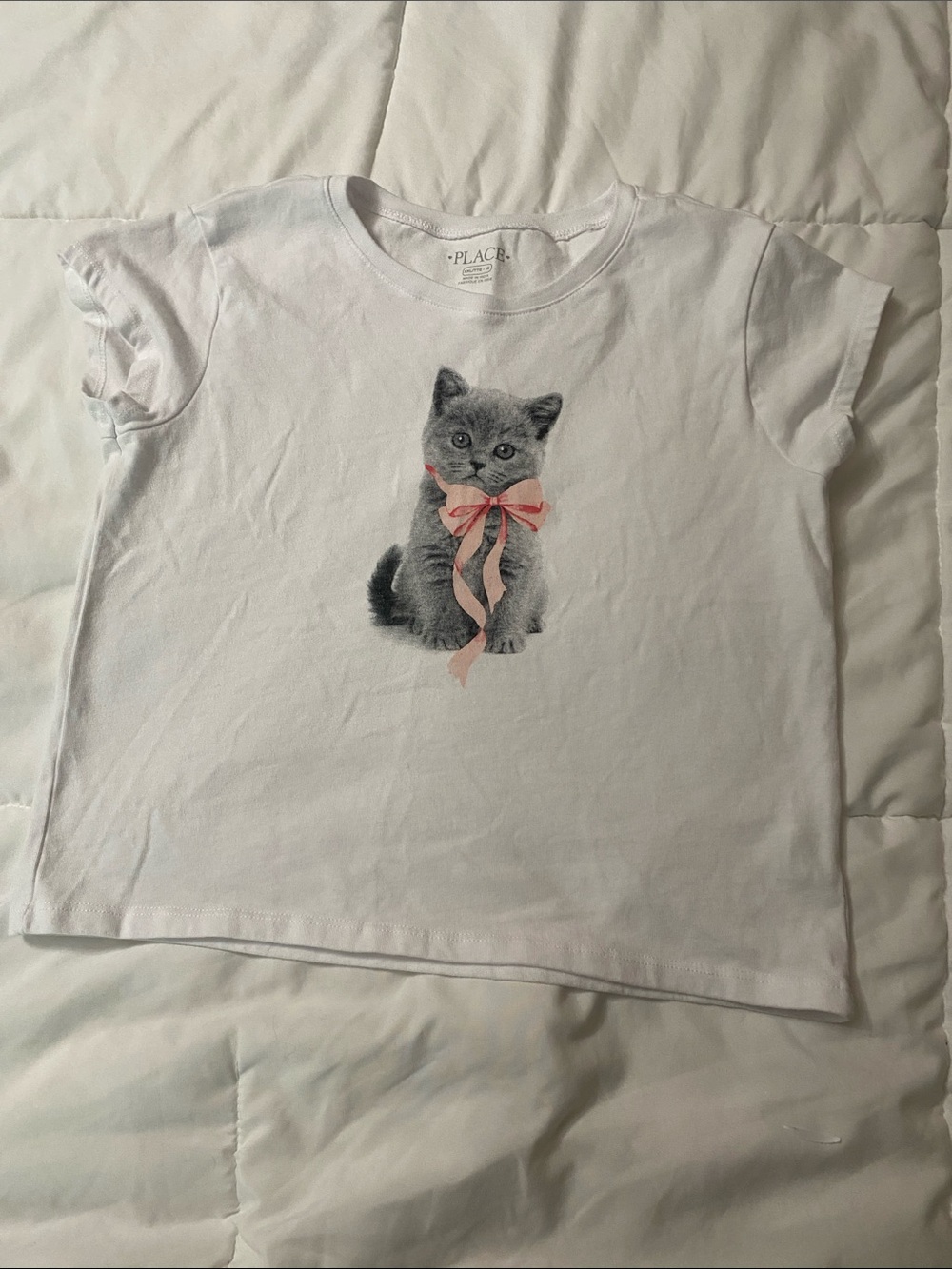 The Children's Place White Tee with Gray Kitten and Pink Bow-140
